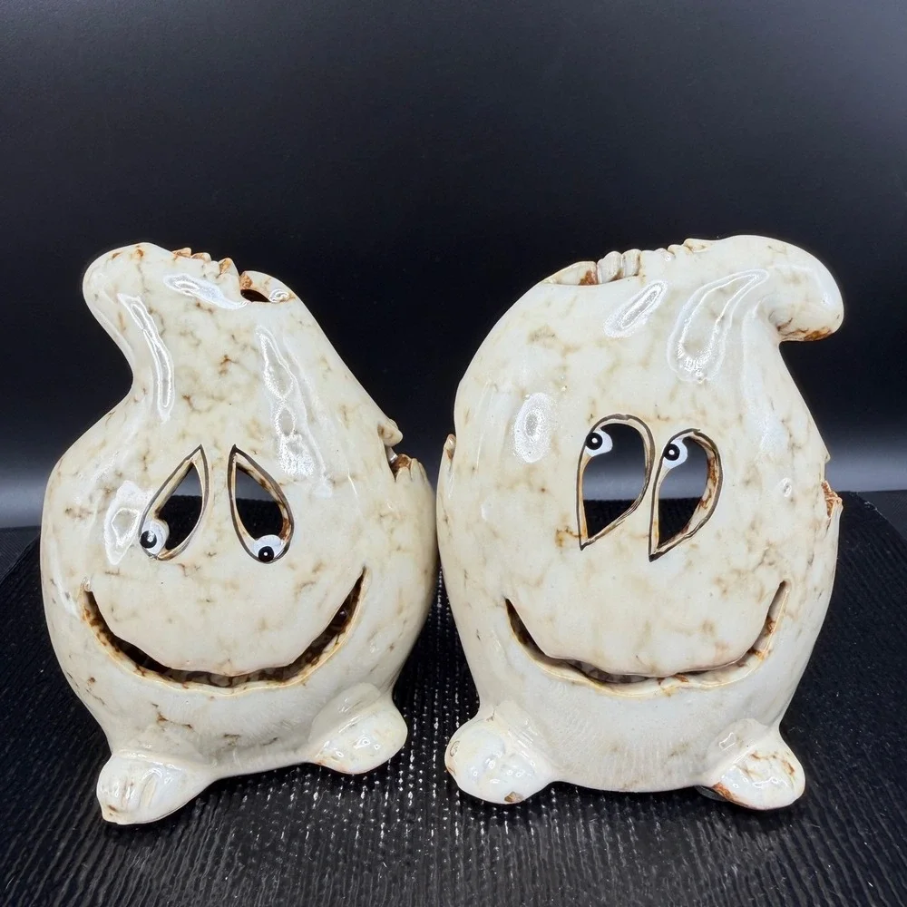 Vintage Ceramic Ghost Tea Light Candle Holders Set of‎ 2 Halloween Decor 4 Inch